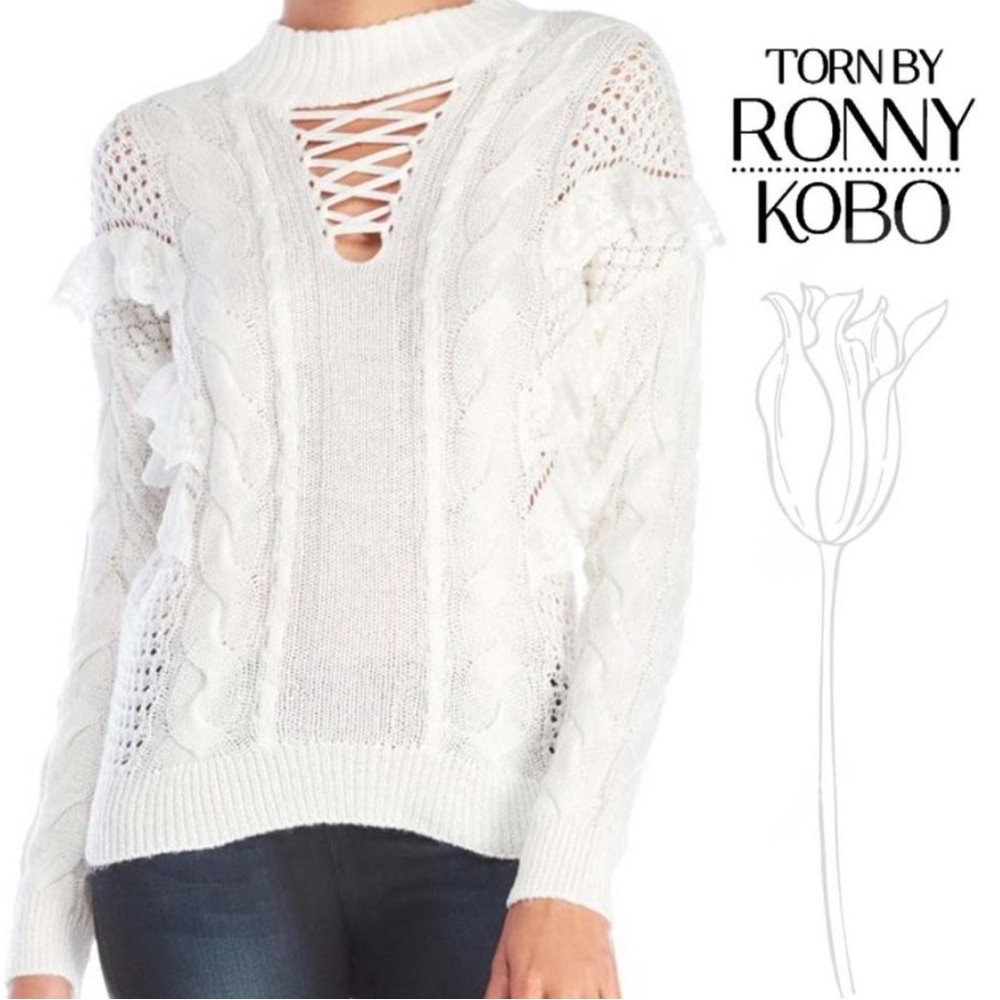Ronny Kobo Ivory‎ White Ruffle Lace Sweater